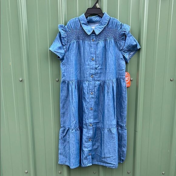 Girls Denim Ruffle Shirt Dress with Short Sleeves, Size XL - Picture 2 of 6